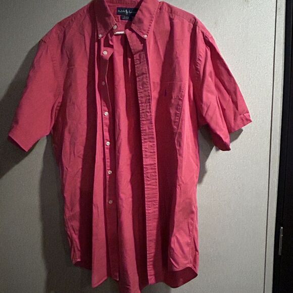 Ralph Lauren Mens Short Sleeve Button Down Blake Size Large 100% Cotton Pinkish - Picture 1 of 8
